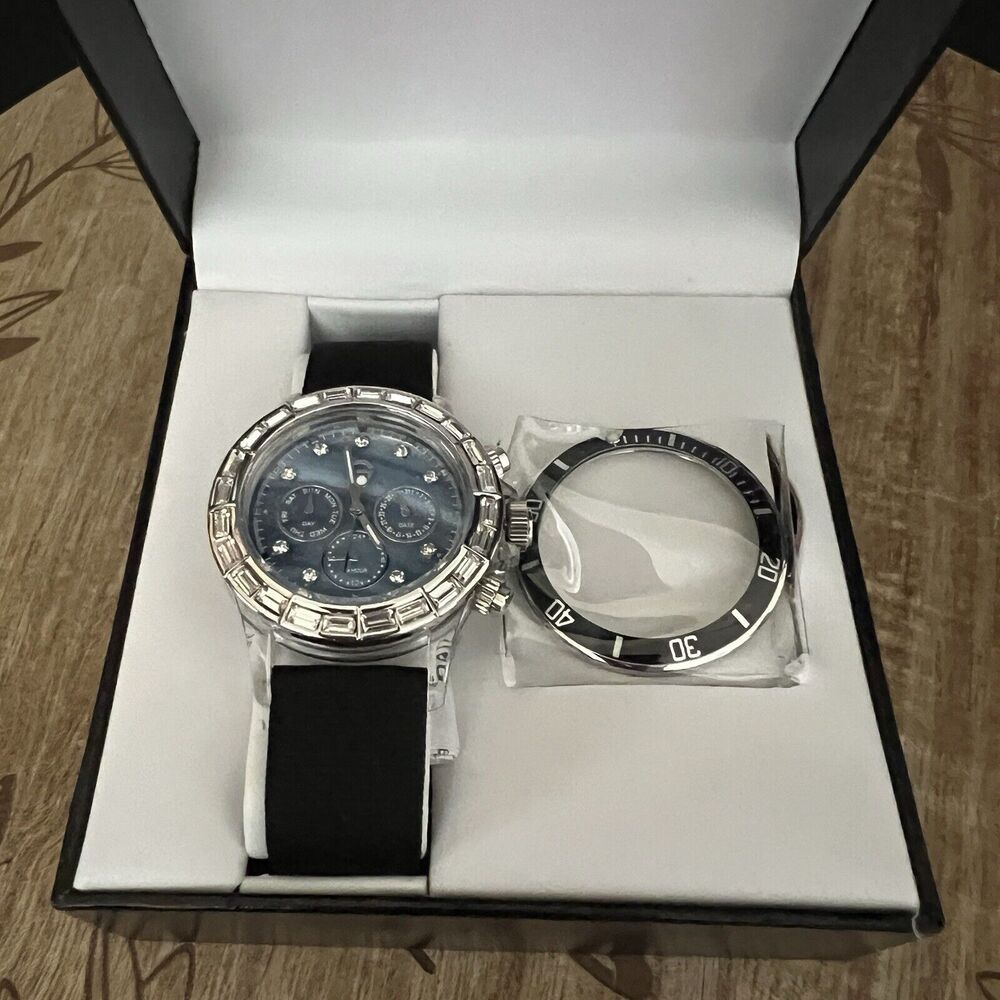Gossip Blue Dial Bezel Crystal Accent Round Clear Case Black Canvas Band Watch - Picture 2 of 9
